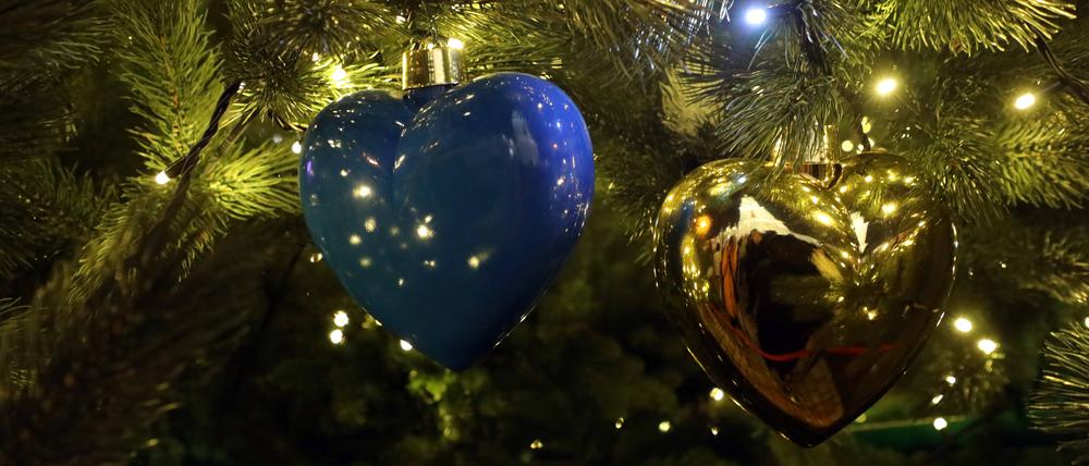 Herzförmige Kugeln in den Nationalfarben Blau und Gelb schmücken den Hauptweihnachtsbaum der Ukraine während der Beleuchtungszeremonie, die jedes Jahr am Nikolaustag auf dem Sofiiska-Platz in Kiew, der Hauptstadt der Ukraine, stattfindet.