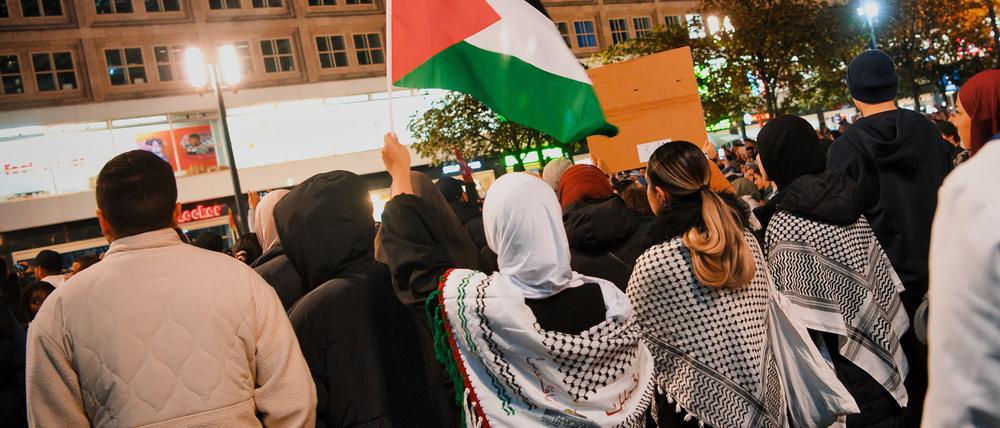 Teilnehmer an einer Pro-Palästina-Kundgebung auf dem Berliner Alexanderplatz. 