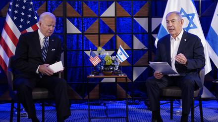 US-Präsident Joe Biden (links) und Israels Premierminister Benjamin Netanjahu bei ihrem Treffen in Tel Aviv am 18. Oktober 2023.