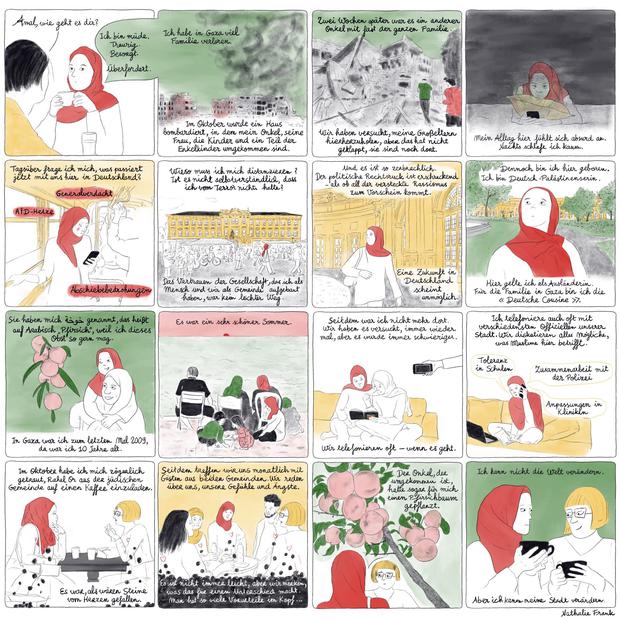 Nathalie Frank hat für „Wie geht es Dir?“ mehrere Beiträge erarbeitet. In diesem Kurzcomic schildert sie ihren Austausch mit einer jungen Deutsch-Palästinenserin.