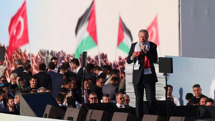 Turkish President Tayyip Erdogan speaks during a rally in solidarity with Palestinians in Gaza, amid the ongoing conflict between Israel and the Palestinian Islamist group Hamas, in Istanbul, Turkey October 28, 2023. REUTERS/Dilara Senkaya