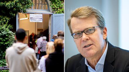 Links ein Wahllokal in Berlin während der Wahlen im vergangenen September, rechts Robert Vehrkamp, Mitglied der Expertenkomission „Wahlen in Berlin“