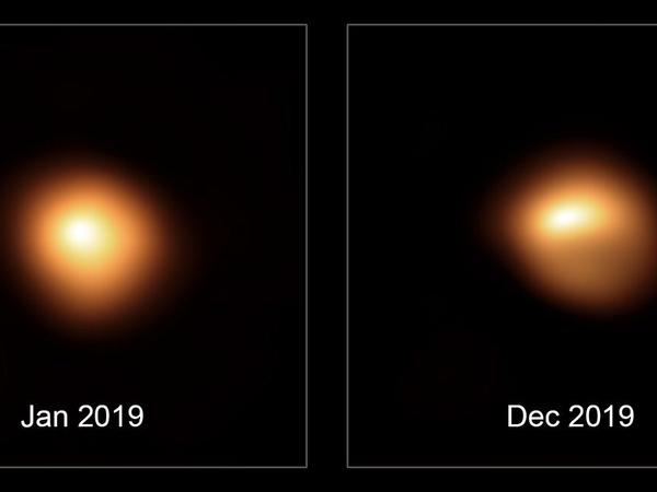 Die beiden Bilder zeigen, wie die Oberfläche des Sterns Anfang und Ende 2019 aussah. Im Oktober 2019 wurde Beteigeuze unerwartet schwächer und schwächer und versetzte damit die Astronomen in Aufregung.