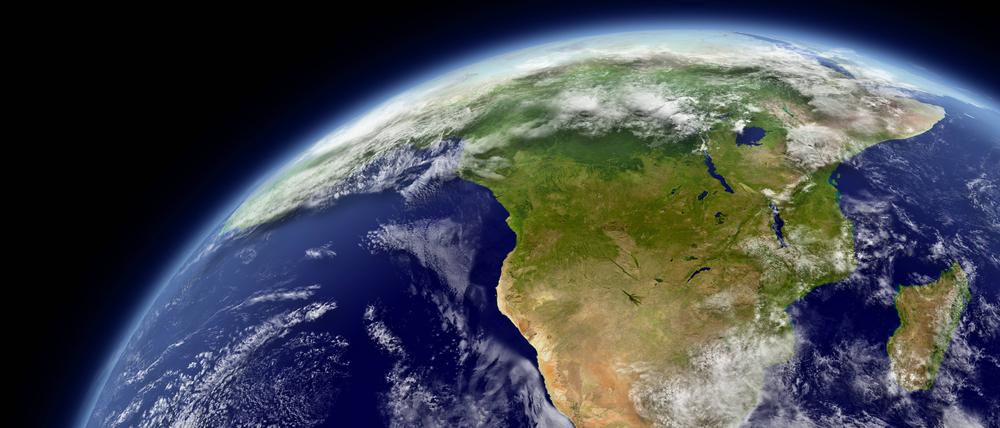 South Africa viewed from space with atmosphere and clouds. Elements of this image furnished by NASA. , 12250920.jpg, Africa, atmosphere, clouds, Earth, global, globe, graphics, illustration, isolated, Madagascar, map, orbit, planet, South Africa, space, sphere, world,