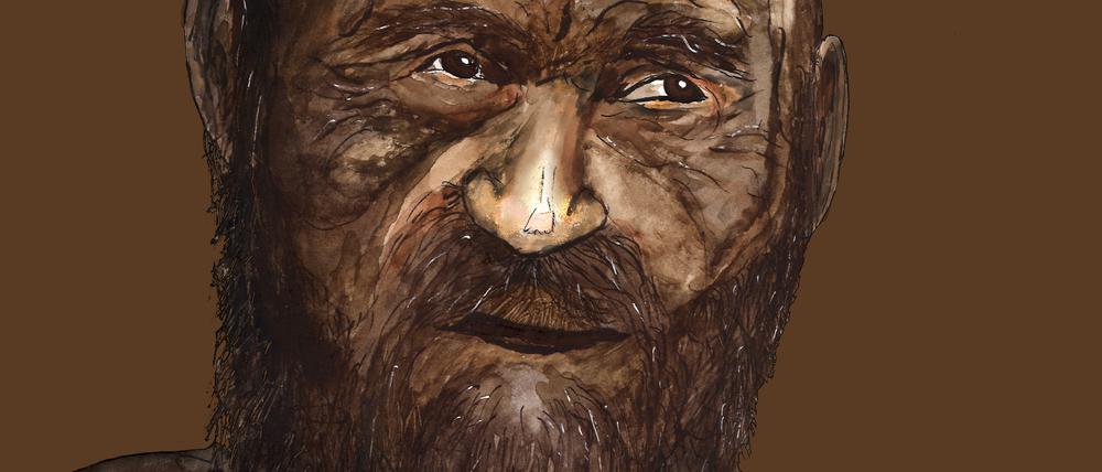 Die künstlerische Darstellung zeigt wie der Gletschermann „Ötzi“ nach einer Genomanalyse zu Lebzeiten ausgesehen haben könnte.