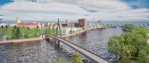 Das Gewerbequartier Behrens-Ufer in Oberschöneweide soll mit einer neuen Brücke angebunden werden. Die Gebäudeansichten sind bislang nur Platzhalter. Ein Architekturwettbewerb wird vorbereitet.