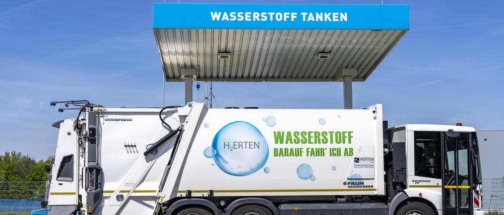 Wasserstofftankstelle, für Entsorgungsfahrzeuge in Herten, NRW. Grüner Wasserstoff wird teurer.