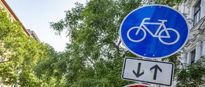 Hier lang. Das blaue Schild zeigt an, dass ein Radweg benutzungspflichtig ist.  