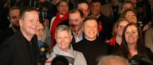 Linken-Spitzenkandidat Klaus Lederer, die Landesvorsitzende Katina Schubert und die Bundesvorsitzenden Martin Schirdewan und Janine Wissler.