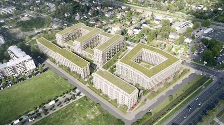 So soll das Quartier einmal aussehen: An der Landsberger Allee in Lichtenberg, Berlin werden 1.500 Wohnungen in modularer Bauweise gebaut (Illustration).