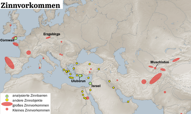 Zinn wurde in der Bronzezeit in Europa bis hinein nach Zentralasien nur an wenigen Stellen gewonnen.