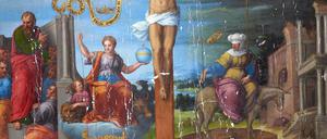Sebastiano Filippi, gen. Bastianino, Lebendes Kreuz von Ferrara, um 1570, Detail während der Restaurierung.