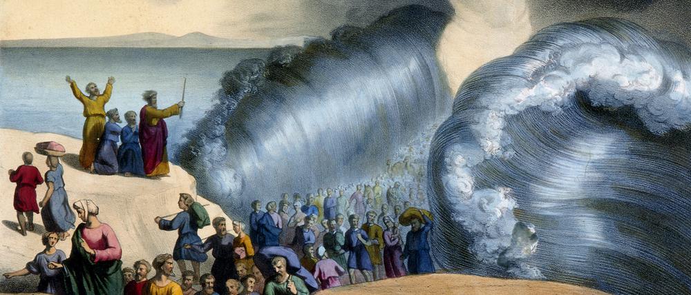 Moses teilt das Meer. Eine Lithographie aus den 1850er Jahren aus der Collection Kharbine Tapabor.   