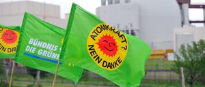 Eine Parteifahne der Grünen vor dem Atomkraftwerk Brokdorf während einer auf dem Deich abgehaltenen Fraktionssitzung der Grünen im schleswig-holsteinischen Landtag. 