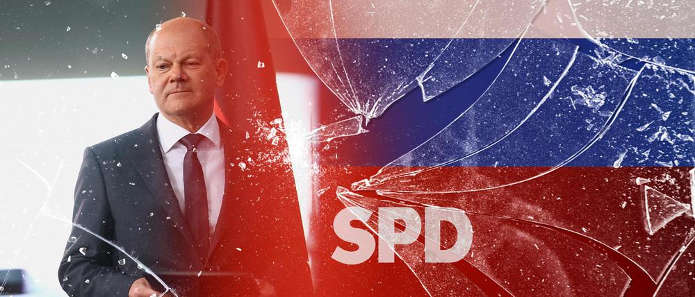 Olaf Scholz und seine SPD hadern mit der gescheiterten Russlandpolitik.
Gestaltung: Tagesspiegel/ Katrin Schuber | Fotos: picture alliance/dpa/Reuters/Pool, freepik
