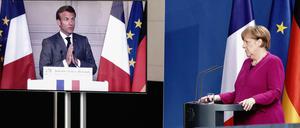 Kanzlerin Angela Merkel und Frankreichs Präsident Emmanuel Macron geben vor der Presse ihren Plan bekannt.