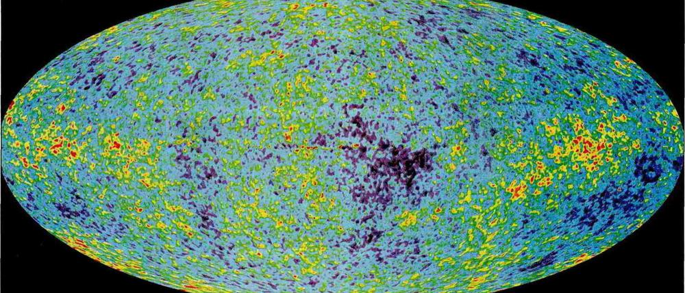 Kindheit des Alls: Mithilfe eines Mikrowellen-Satelliten haben US-Forscher das Nachglimmen des mehr als 13 Milliarden Jahre zurückliegenden Urknalls aufgezeichnet. Das Bild zeigt unseren Kosmos, als er erst 380.000 Jahre alt war. In winzigen Schwankungen der Strahlung sind die Keimzellen der ersten Galaxien zu sehen. (Seite 32)                                           Foto: Nasa 