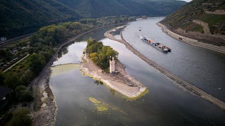 Die Insel im Rhein, auf der auch der Binger Mäuseturm steht, ist derzeit aufgrund des Niedrigwassers zu Fuß erreichbar.