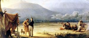 Ein Gemälde zeigt Alexander von Humboldt (Mitte, stehend) und Aimé Bonpland (rechts) in den Anden.