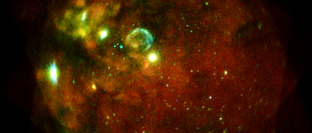 Unsere Nachbargalaxie, die Große Magellansche Wolke. Beobachtet in mehreren Einzelaufnahmen mit allen sieben eROSITA-Teleskopmodulen am 18 und 19. Oktober 2019.