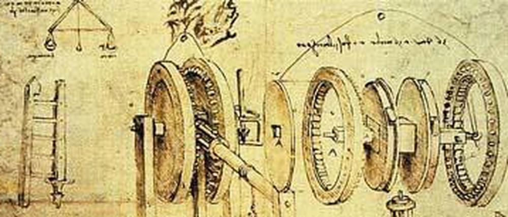 Eine Explosivzeichnung von Leonardo da Vinci aus dem Codex Atlanticus der Biblioteca Ambrosiana in Mailand: ein Zahnradgetriebe zerlegt in seine Einzelteile erläutert den Aufbau und das Ineinandergreifen der Bauteile.    