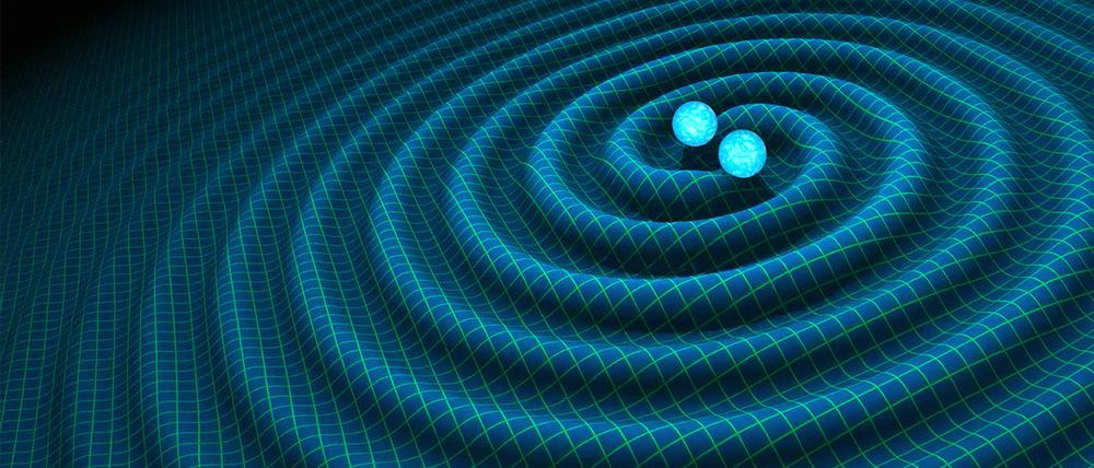 Wenn zwei Neutronensterne kollidieren, dann entstehen dabei, so die Computersimulation, spiralförmige Gravitationswellen. 
