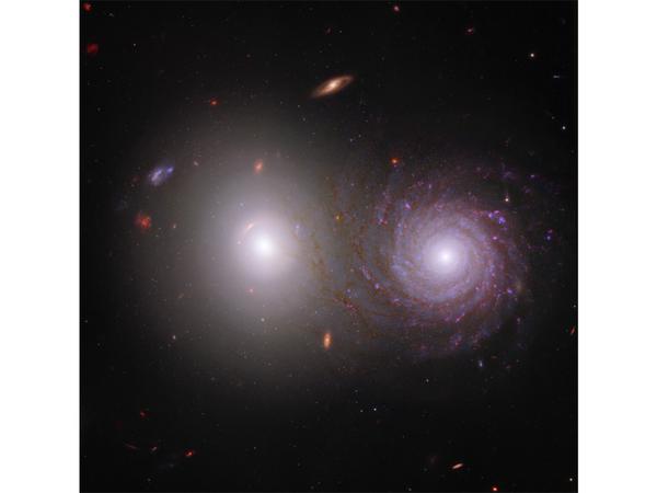 Dieses Bild kombiniert Aufnahmen von Webb und Hubble und zeigt zwei Galaxien, von Fachleuten unter der Bezeichnung VV 191 geführt. Dank der Nahinfrarotmessungen von Webb können die langen und filigranen Arme der Spiralgalaxie rechts besonders detailliert dargestellt werden. Obschon beide Objekte aus dieser Perspektive sehr nah beieinander erscheinen, sind sie in der Realität weit voneinander entfernt und interagieren nicht miteinander. 