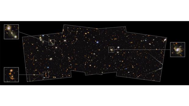 Dieser Ausschnitt umfasst einen Teil des Himmels, der rund zwei Prozent der Vollmondfläche (von der Erde aus gesehen) umfasst. Tausende Galaxien hat das Teleskop hierin aufgespürt. Darunter auch solche, die bereits vor 13,5 Milliarden Jahren, also kurz nach dem Urknall aufschienen und deren Licht erst jetzt die empfindlichen Geräte von Webb erreichte.